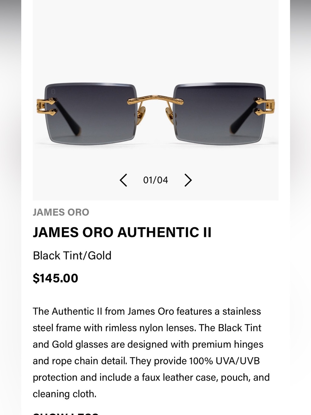 James Oro Authentic II Rimless Sunglasses — Black Tint/Gold
